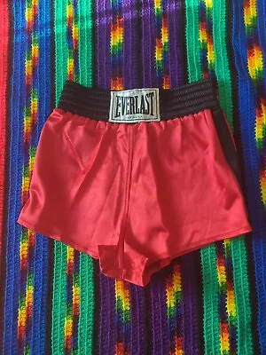 Vintage Men's EVERLAST Satin Shiny Boxing Trunks Skinners Black Red USA Size M • $341.98