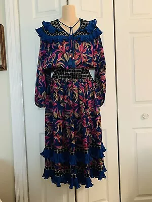 Vintage 1980s DIANE FREIS Designer Georgette Dress Boho Sm Med Large Ruffles • $120