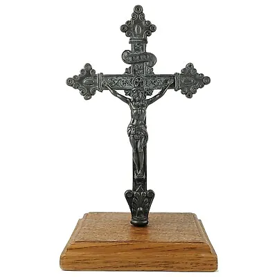 Vintage Metal Altar Crucifix Catholic Church Sanctuary Cross Wood Stand 8.875  • $85