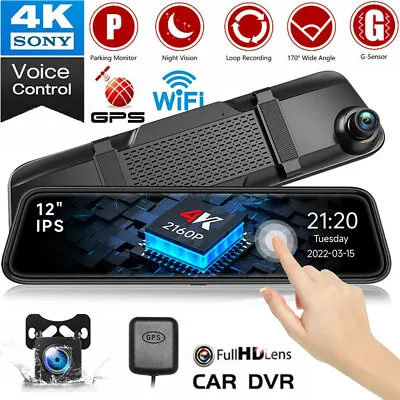 $96.42 • Buy 4K 12  Dash Cam Mirror GPS WiFi Voice Control Car Rear View Backup Dual Camera