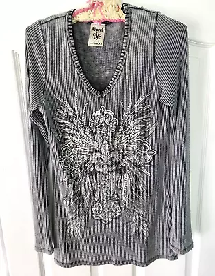 Vocal Embellished Women's Gray Ribbed Rhinestone Long Sleeve Top Shirt - Large • $25