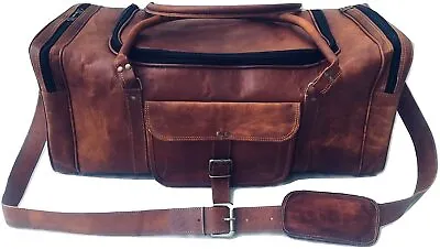 24  Vintage Leather Square Zip Overnight Carry On Sports Travel Duffel Bag • $127.31