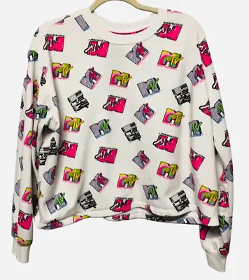 MTV Woman’s White And Neon Logo Cropped Crewneck Sweatshirt Size XXL (19) • $20