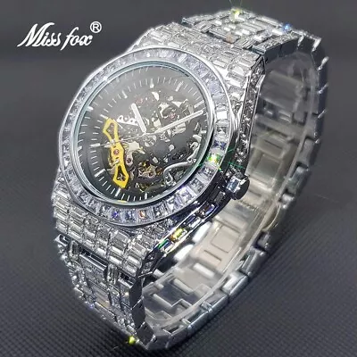 MISSFOX Men's Ice Out Watch Automatic Mechanical Waterproof Diamond Gift NEW • £139.99