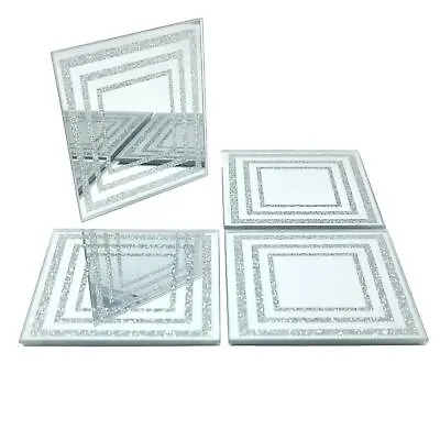 Set Of 4 Glass Sparkly Silver Square Glitter Design Mirrored Tea Coffee Coasters • £8.95