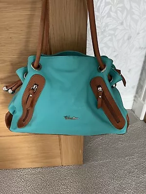 Valentina Italy Aqua Blue Leather Tote Shoulder Bag Tan Trim New With Zips • £15.99