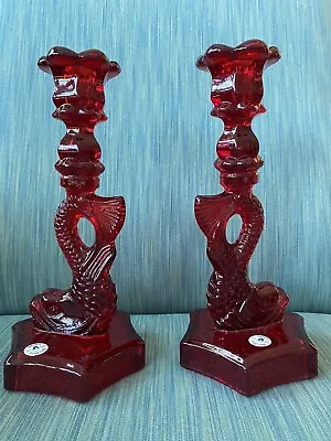 Vintage Pair Of Dalzell Viking Ruby Red Glass Koi Fish Candlestick Holders • $145