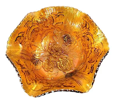 Vintage Marigold Carnival Glass 3 Footed Bowl Rose Pattern Scalloped Edges • $34.99