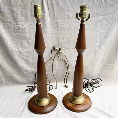 Vintage 60s MCM Walnut Wood And Brass Table Lamps Pair 20  Mid Century Modern • $80