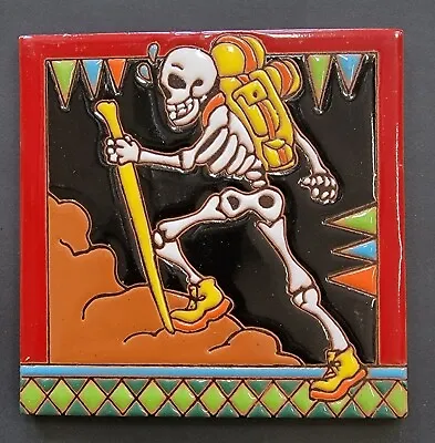 Hand-Crafted 6” Square Day Of The Dead/Dia De Los Muertos Tile Of Hiker Or Backp • $17.50