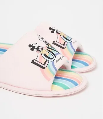 £13.99 • Buy Disney Minnie & Mickey Mouse Pink Love Open Toe Mule Slippers Rainbow Slider 
