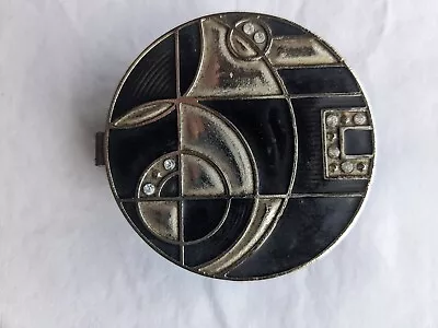 £15.80 • Buy Art Deco Hinged Round Trinket Snuff Pill Box Diamante Studs, Pewter Black Enamel