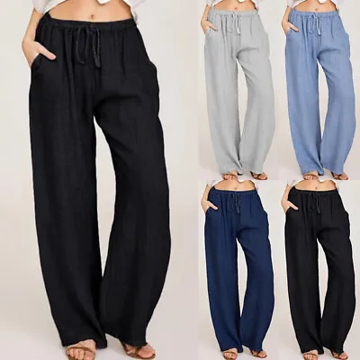 Women Plain Cotton Linen Wide Leg Pants Ladies Summer Casual Drawstring Trousers • £11.99