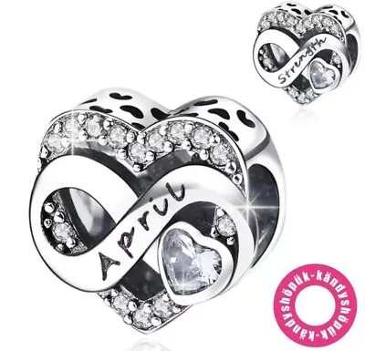 April Birthstone Heart Charm Bead For Bracelet S925 Sterling Silver • £9.99