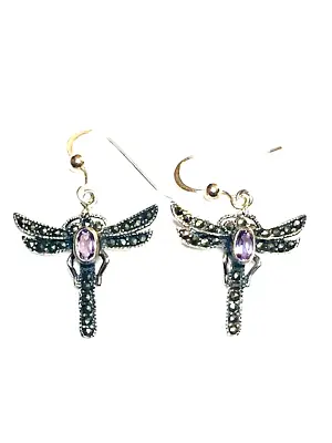 Marcasite With Amethyst Dragonfly French Wire Earrings • $19.95