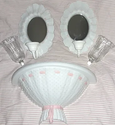 Vintage HOME INTERIOR Wall Grouping Pink Ribbon Shelf  Mirror Sconces N Votives  • $12.99