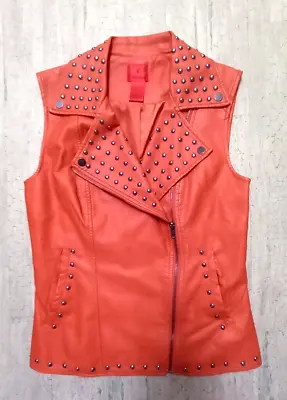 $28.99 • Buy Cristina V Faux Leather Studded Biker Vest Orange Zip Jacket Size Small