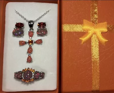 Gorgeous Orange Fire Opal Red Orange Garnet Cross Necklace Earrings Ring 9 Set • $19.25