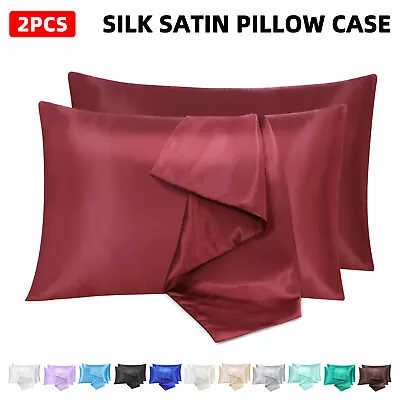 2Pcs Silk Satin Pillow Case Cover Solid Standard Bedding Smooth Soft Pillowcase • $9.90