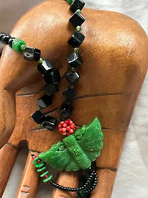 $36 • Buy Vintage Carved Green Jade, Onyx Coral 24” Necklace 