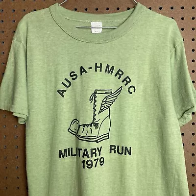 Vintage 70s Military Run T-shirt Size Medium 1970s 1979 Green Single Stitch • $39.80