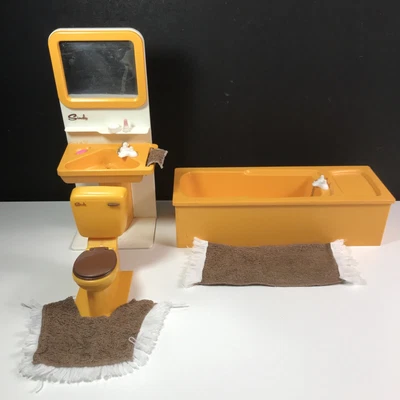 £40 • Buy Vintage Pedigree Sindy Orange Bathroom Suite Toilet Bath Sink & Floor Mats
