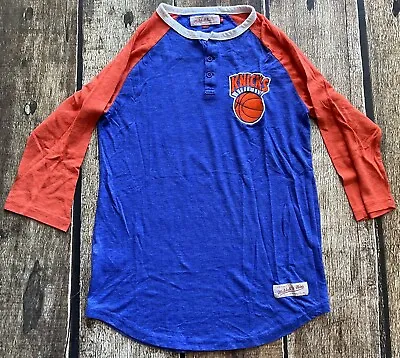 Mitchell & Ness Nba New York Knicks 3/4 Sleeve Henley Blue Orange Mens Small Euc • $19.99