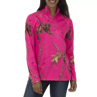 Mossy Oak 1/4 Zip Women’s M Pink Fushia Camo Cadet Collar LS Thumbholes NWT $40 • $29.99