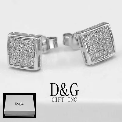 DG Men's Sterling Silver 925 CZ Icy Bling 6mm Square Studs Earring Unisex .Box • $16.99