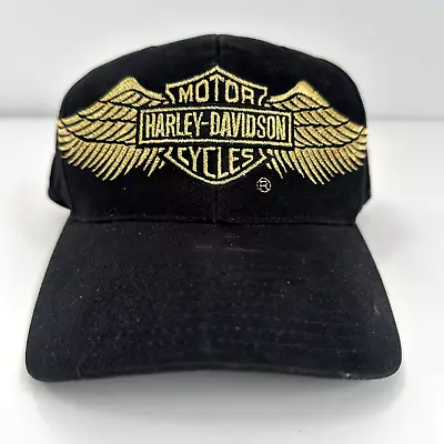 VINTAGE Harley Davidson Hat Cap Snap Back Black Gold Logo Wings Motorcycle Biker • $35