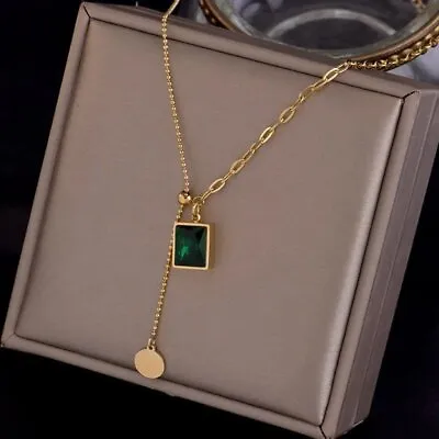 £5.62 • Buy Women Stainless Steel Green Crystal Square Pendant Necklace Choker Chain Jewelry