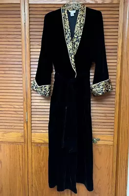 Natori Classics M / L Long Black Velveteen Belted Robe Gold Braid Trim & Pockets • $19.99