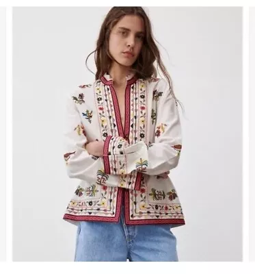 NWT Zara White Cotton Blend Floral Embroidered Ethnic Look Boho Jacket M • $115