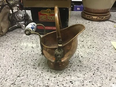 Small Vintage Copper And Brass Coal Scuttle Bucket With Porcelain Handle • $14.99