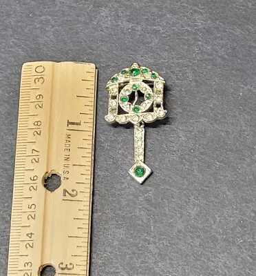 Vintage Rhinestone Articulated Clock Brooch - Green And Clear Rhinestones-VGC • $7.99