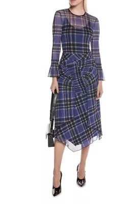 Cue Blue Black Check Tartan Plaid Asymmetrical Mesh Midi Skirt Size 14 • $49.99
