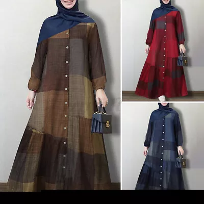 Women Cotton Long Sleeve Swing Tunic Checked Printed Muslim Abaya Dress UK 8-24 • $17.17