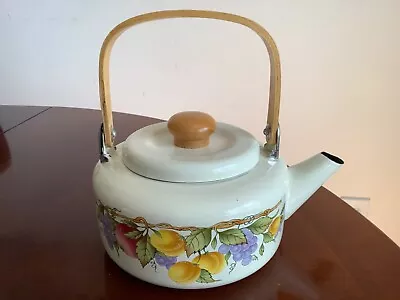 Enameled Metal Teapot With Wooden Handle Fruit & Vine Pattern 8 Cups • £9.65