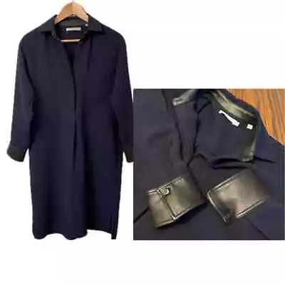 Vince Shirt Dress Navy Blue Faux Leather Accents Relaxed Women's Sz M Luxury • $74.80