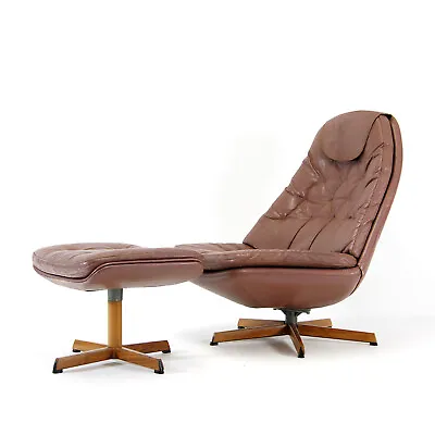 Retro Vintage Madsen & Schubell Leather Chair Armchair + Ottoman 60s 70s Danish • £545