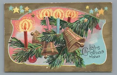 Loving CHRISTMAS Wishes Glitter Ringing Bells Candles Tree Vintage Postcard • $4.99