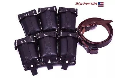 WWII German K98 TRIPLE AMMO LEATHER POUCH SET (Repro) - BLACK With K98 Sling • $50.21