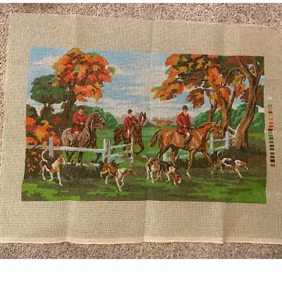 Vintage Needlepoint Canvas:  English Fox Hunt Equestrian Hounds Fall Tree • $58