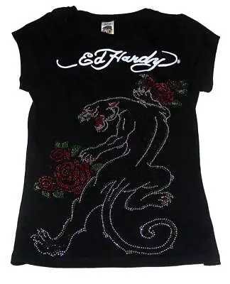 Ed Hardy Rhinestones Panther Roses Cap Sleeve Black Shirt Top Wms XS/S EXC WORN? • $38.99