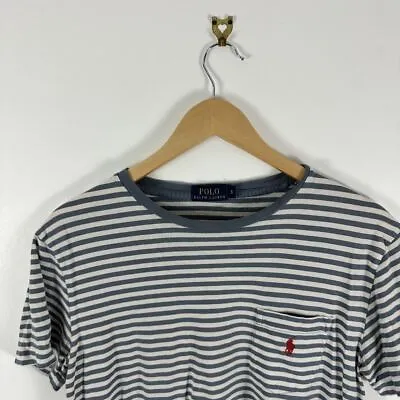 Men’s Ralph Lauren Striped Single Stitch 90’s Pocket White Blue Sz Small T-Shirt • £25