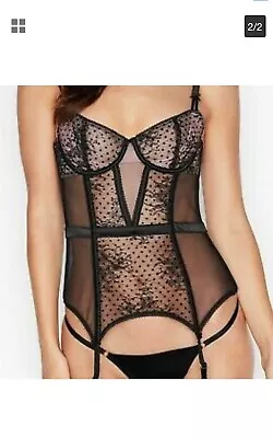 Victoria’s Secret Black Flocked Dot & Mesh Merry Widow Corset NWT -Medium • $55