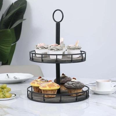 £45.97 • Buy 2 Tier Cupcake Holder Stand With Gray Wood Base, Black Metal Frame & Handle