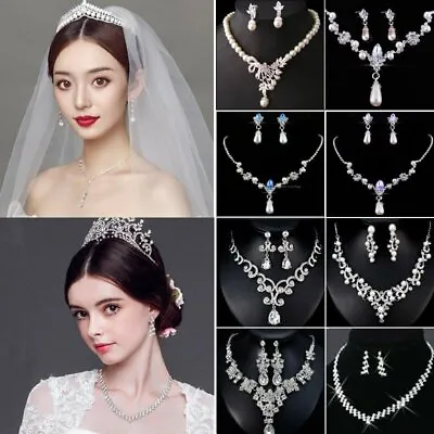 $4.06 • Buy Crystal Rhinestone Bridal Jewelry Set 925 Silver Earrings Necklace Wedding