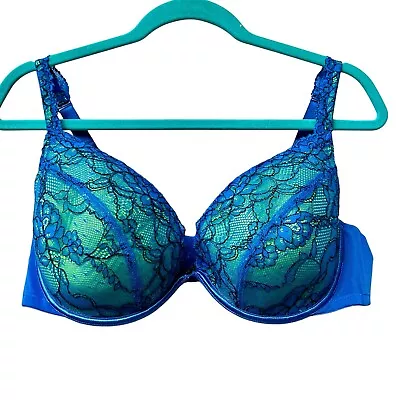 Cacique Underwire Plunge Bra Size 44C Lace Overlay Mermaid Colors Blue Green EUC • $21.99