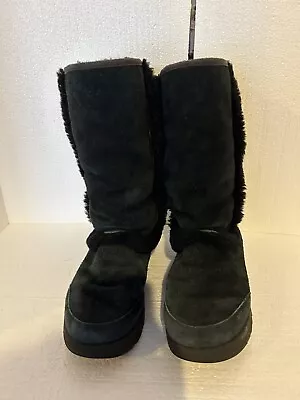 UGG SUNDANCE  Boots TALL BLACK SHEARLING LEATHER Sz 8.5 • $39.99